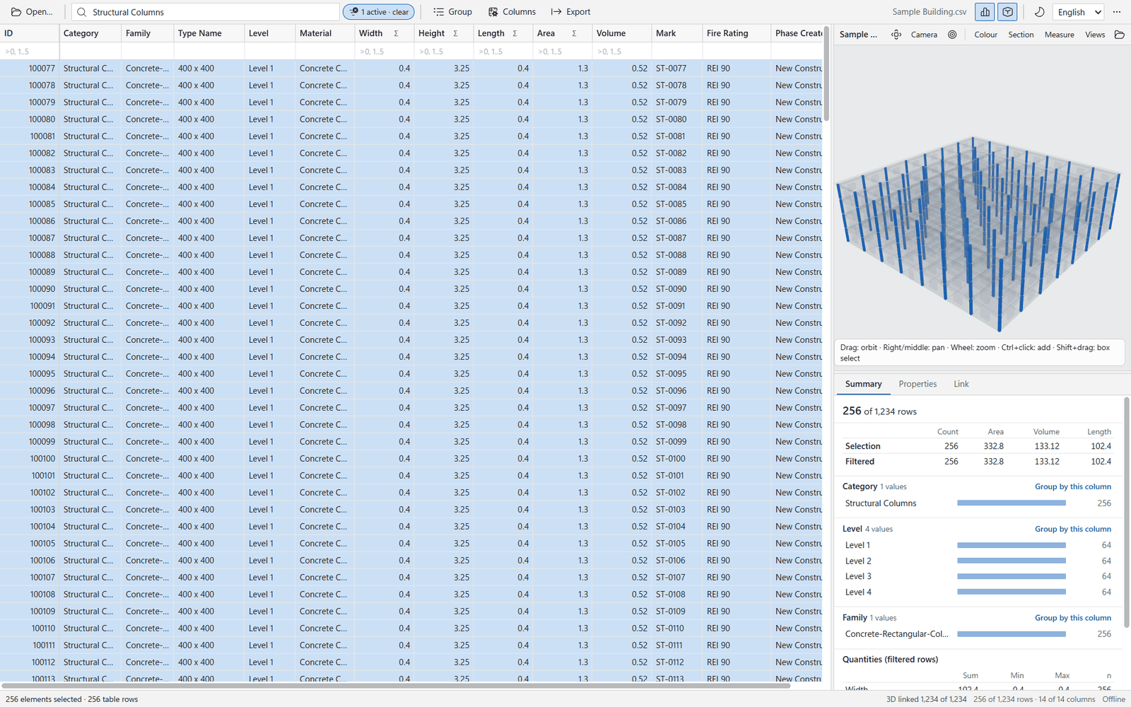 Data Viewer: 3D selection linked to table rows