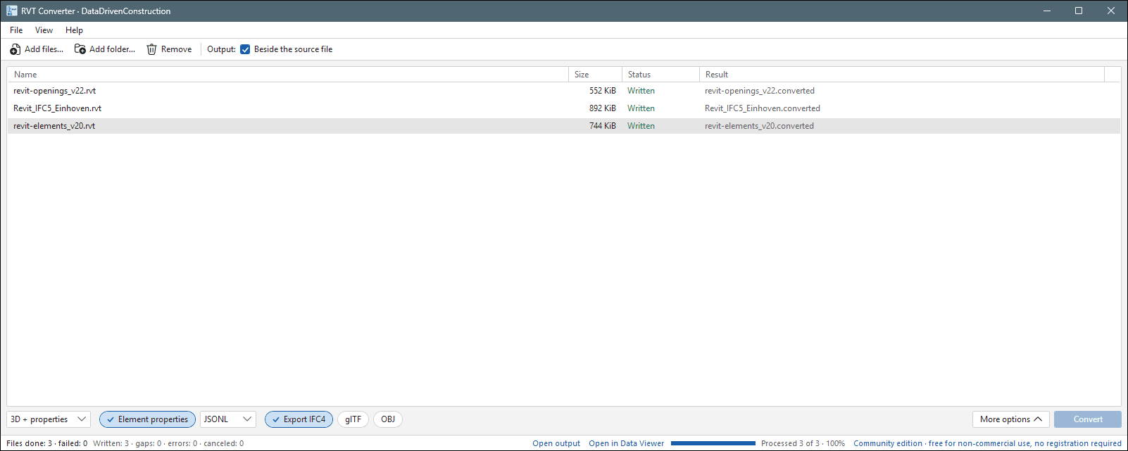 RVT Converter 2.0.2: finished conversion of three Revit models