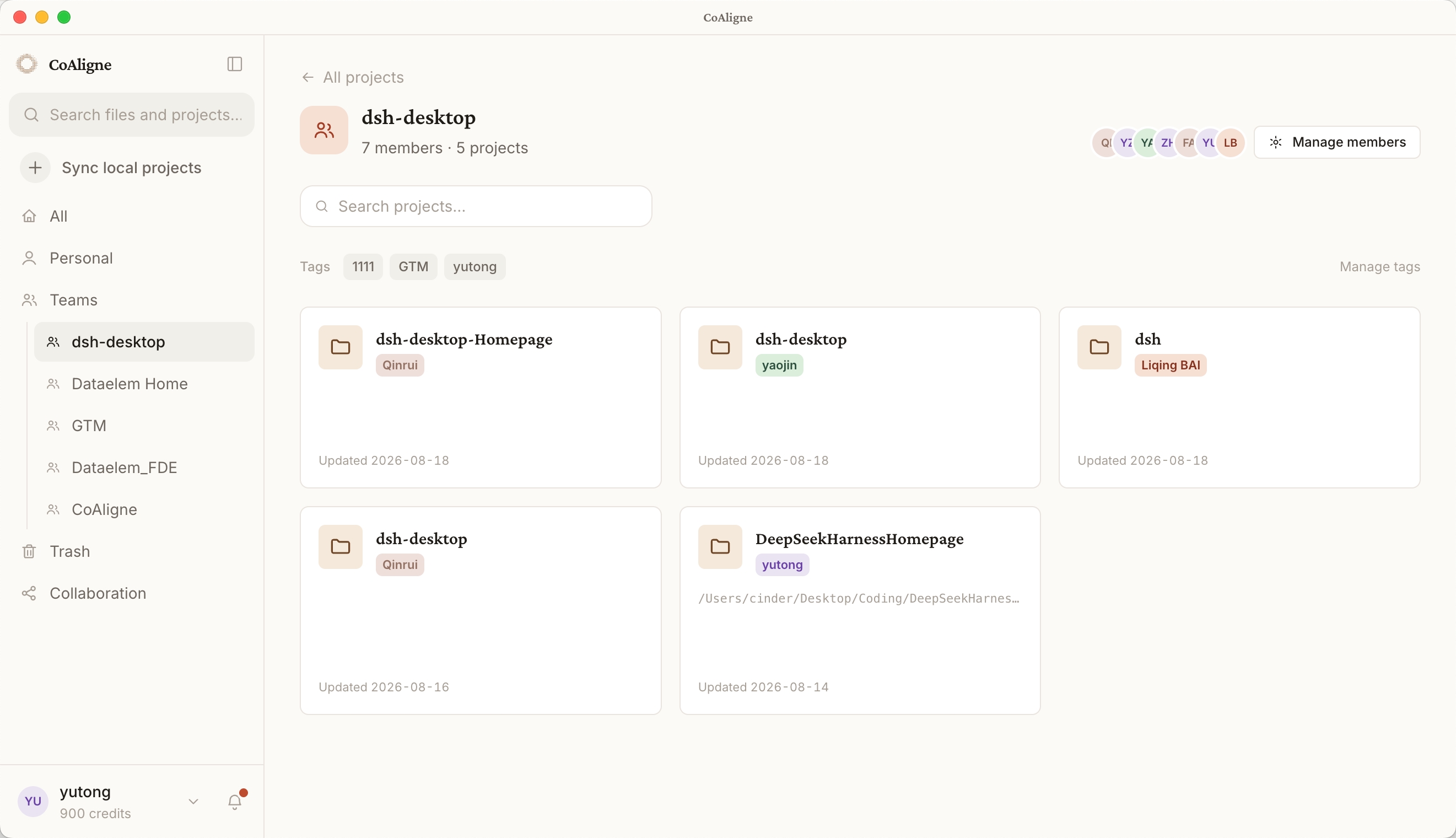CoAligne Desktop: team projects synced from local Agent workspaces