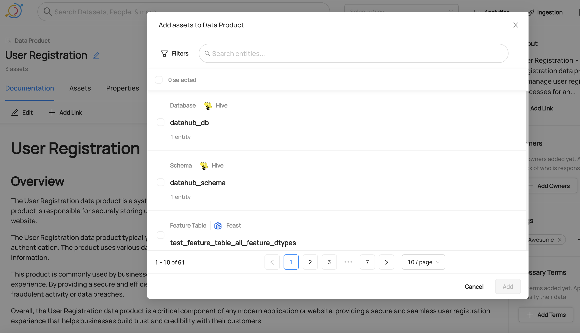 Add Assets button on a Data Product page