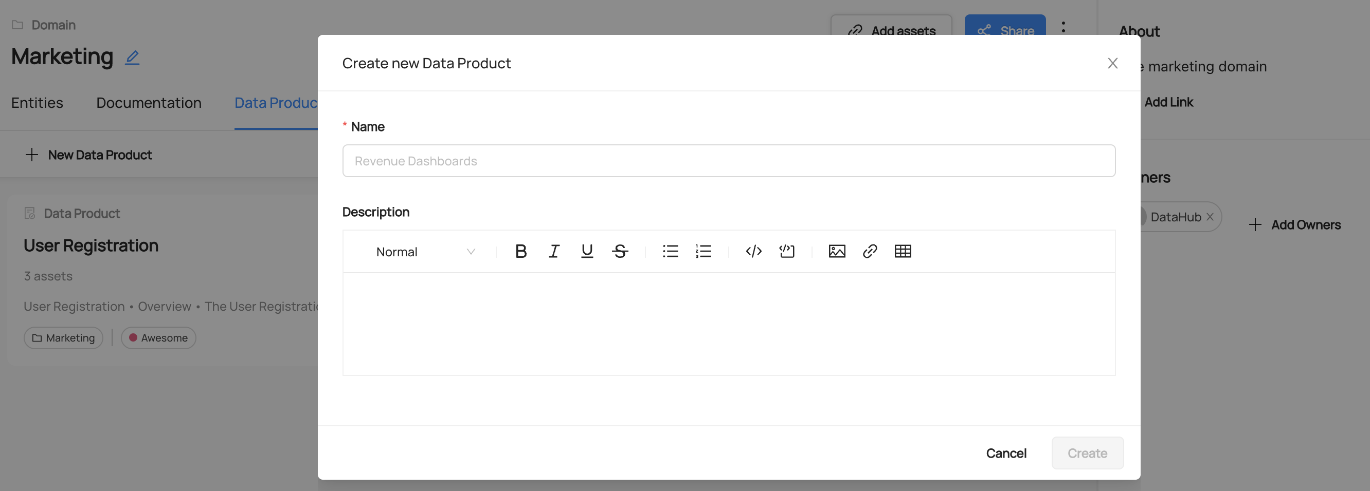 Create Data Product modal with name and documentation fields