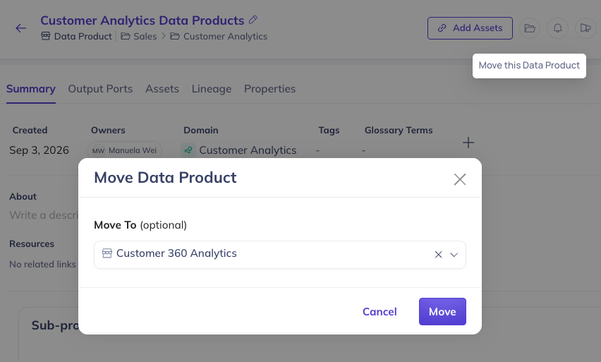 Move dialog for re-parenting a Data Product in the hierarchy