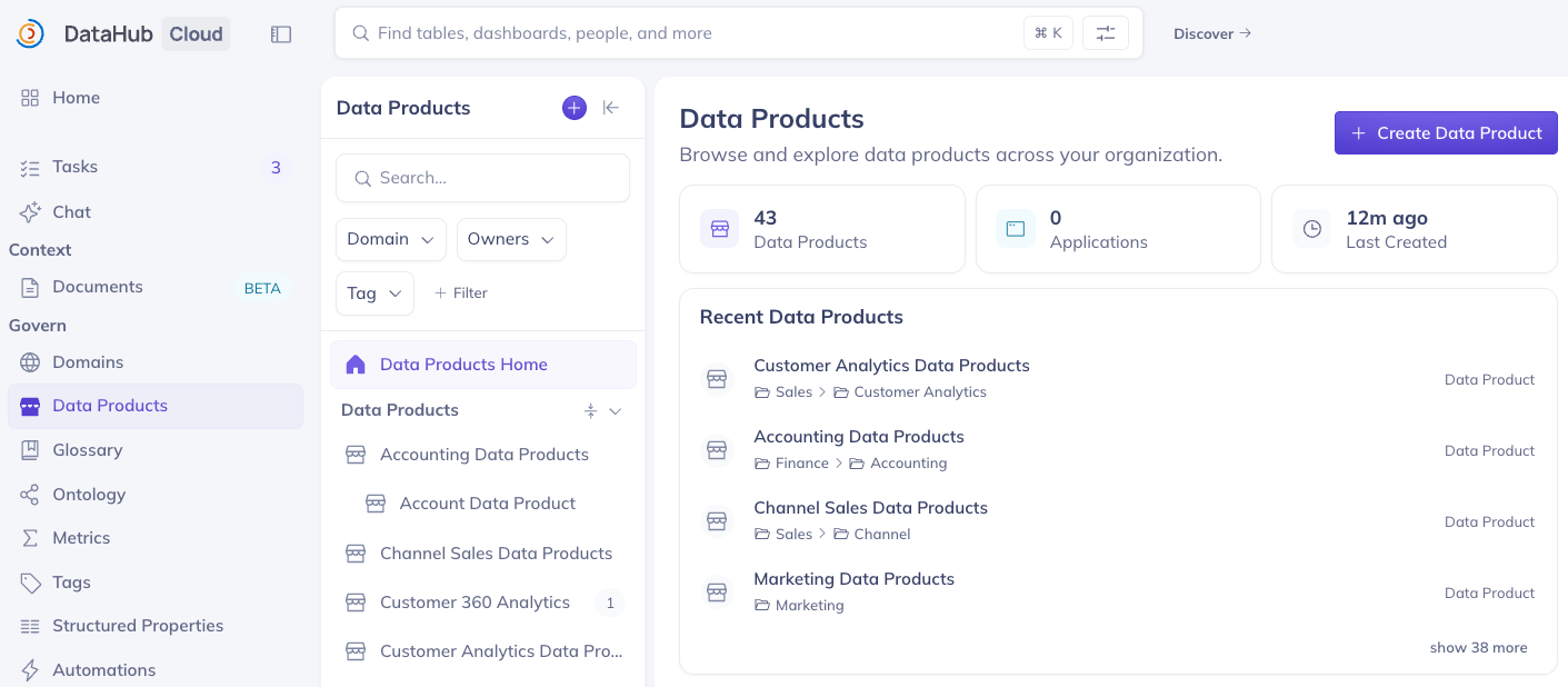 Data Product home page listing published Data Products