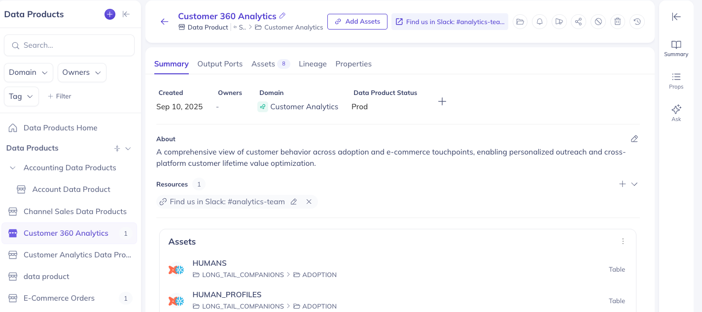 Data Product profile page showing Output Ports, Assets, and Lineage tabs