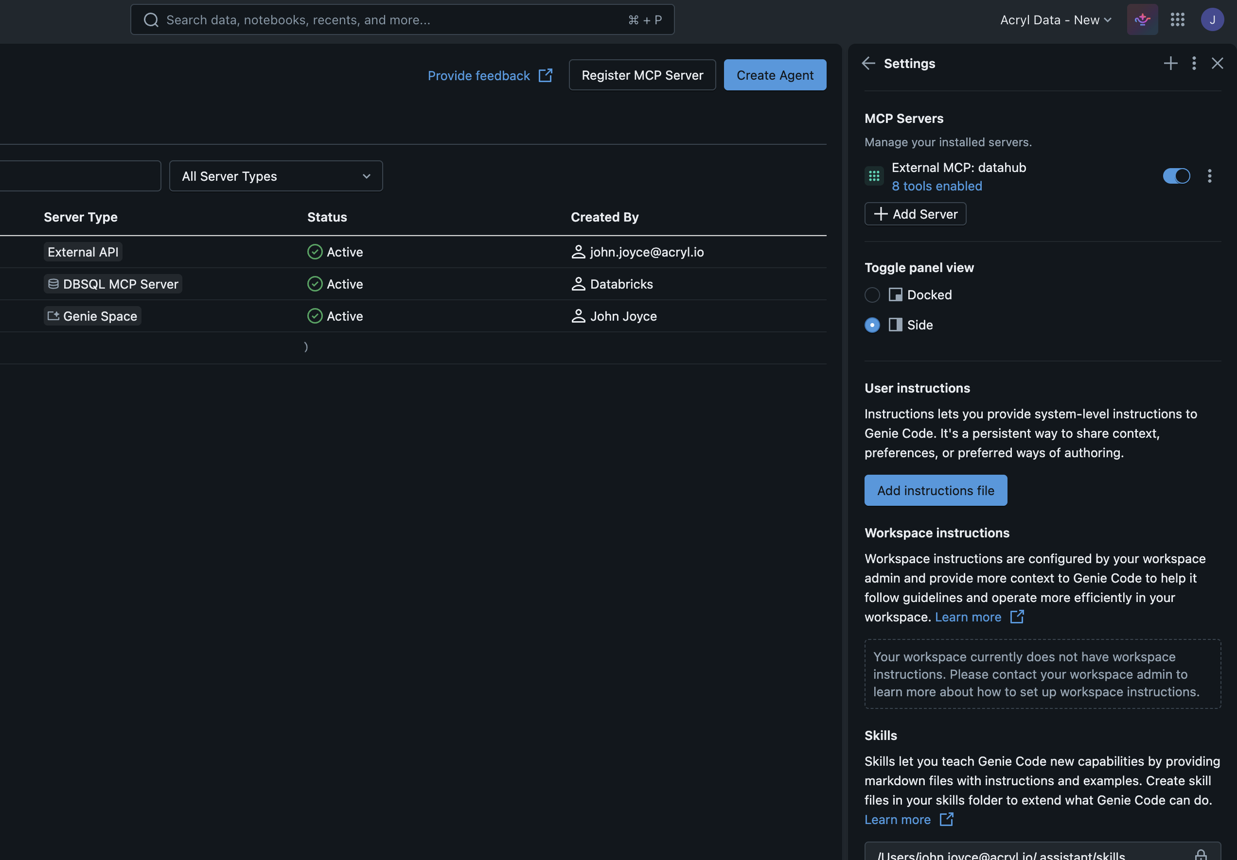 Add MCP Servers dialog showing External MCP: datahub