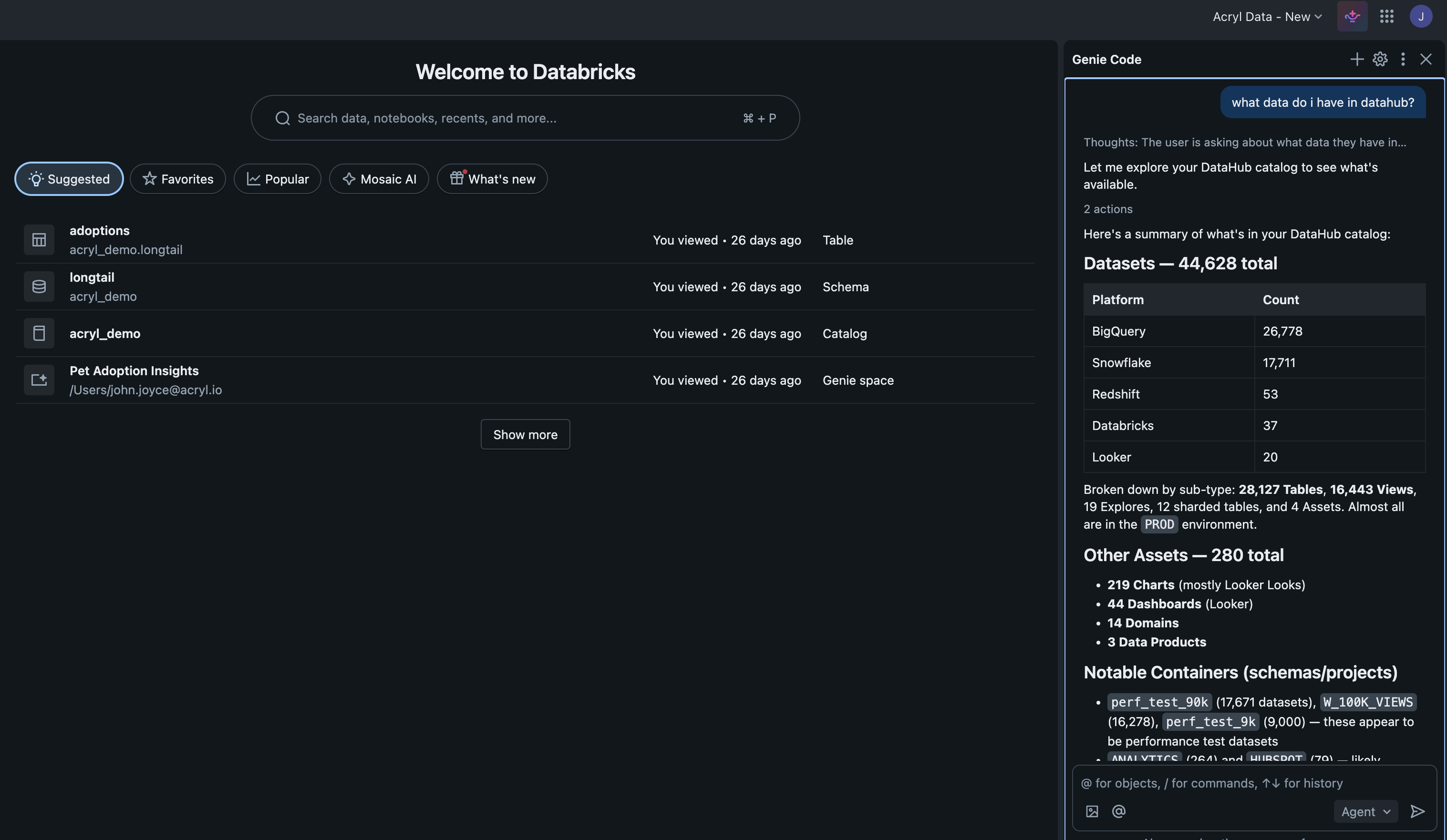 Genie Code querying DataHub catalog