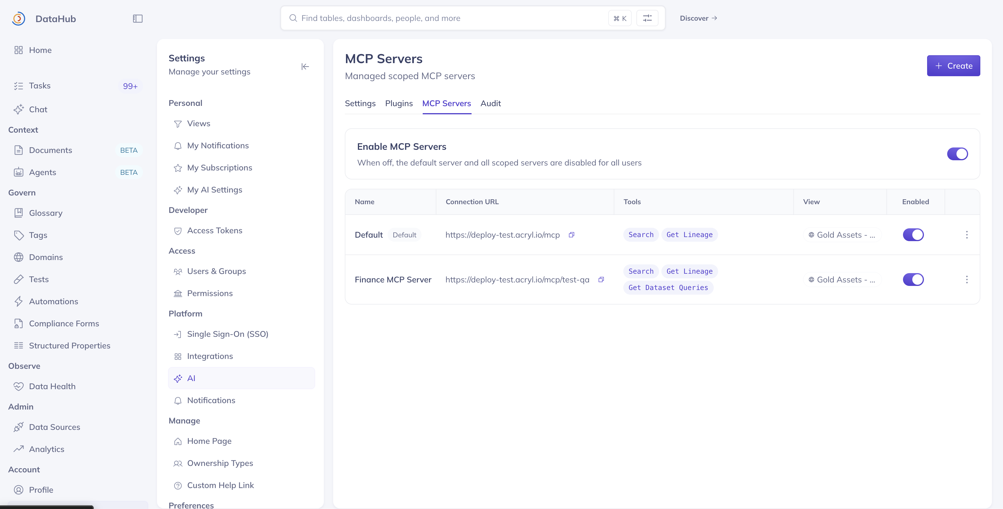 MCP Servers management page in Settings → AI
