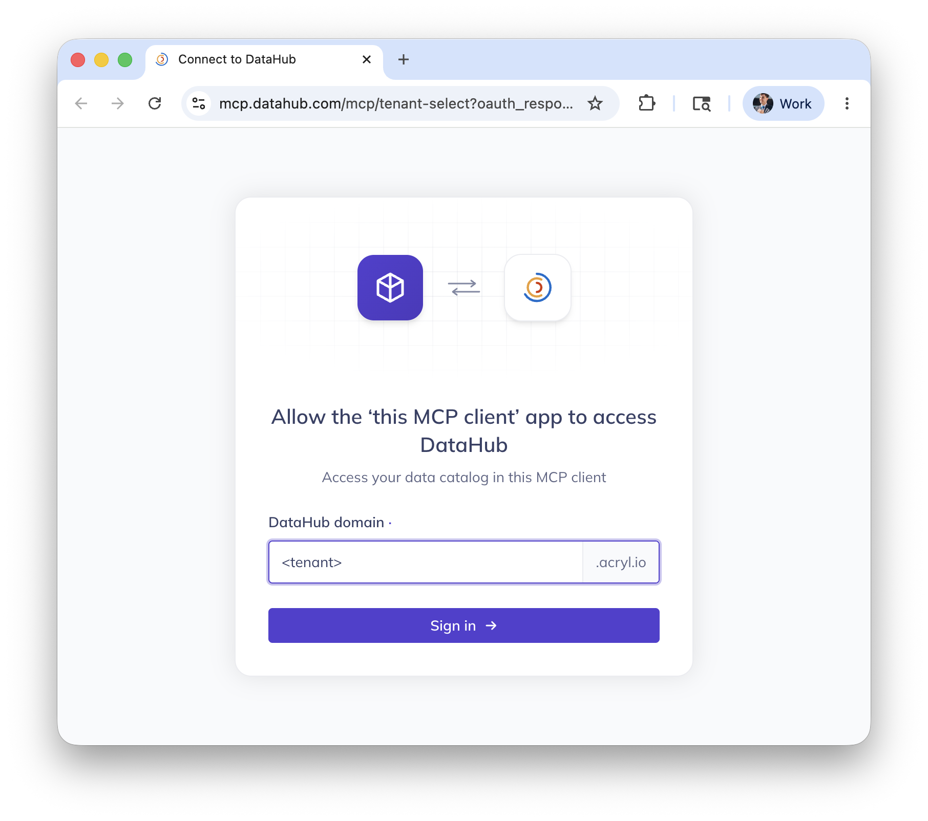 The mcp.datahub.com tenant picker prompting for your DataHub domain