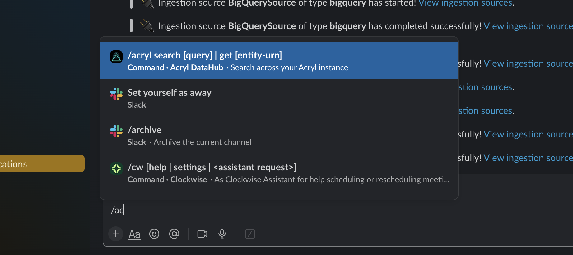 Example of an in-Slack Acryl search command being performed.