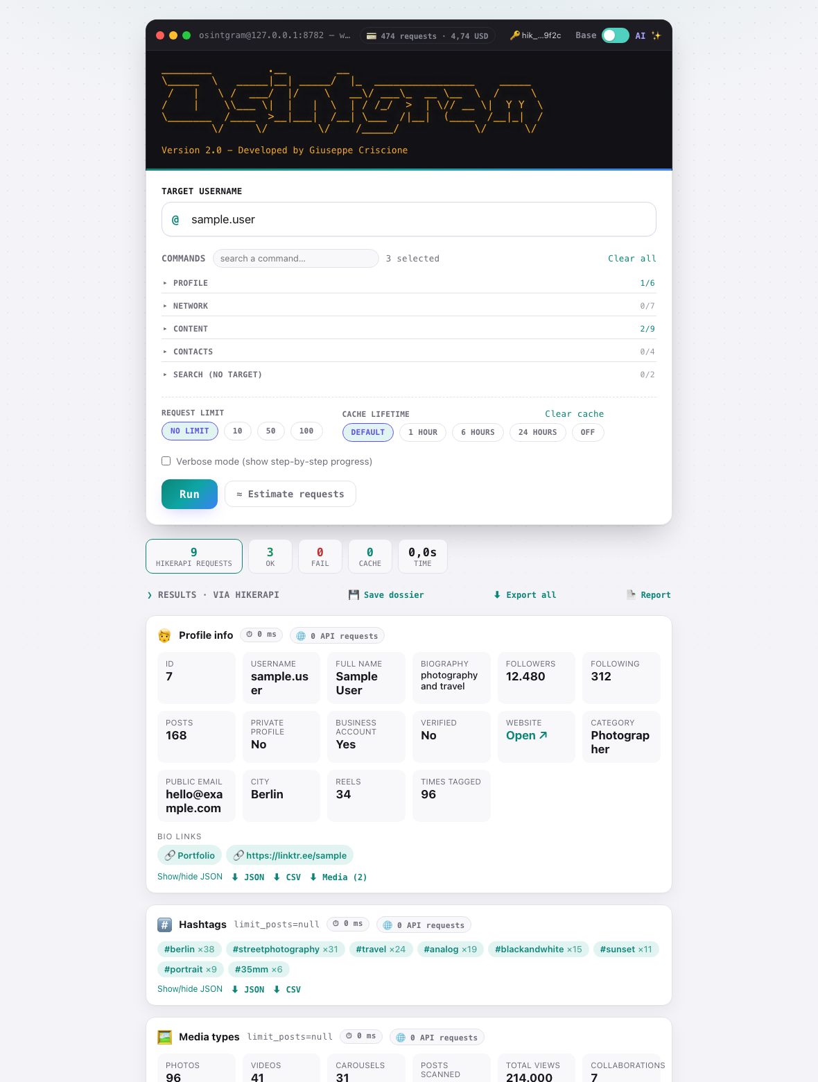 The Osintgram web interface: a terminal-style header, the command picker, and result cards showing profile details and hashtags