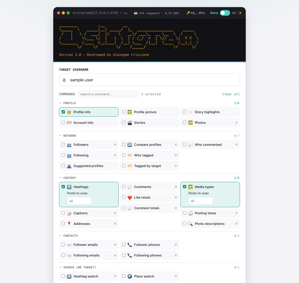 Base mode: 28 commands in three columns, grouped and collapsible, with a search box