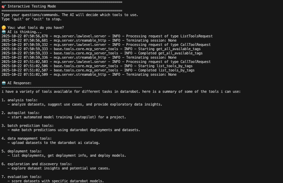 Interactive Testing Mode showing AI agent connected to MCP server with debug output