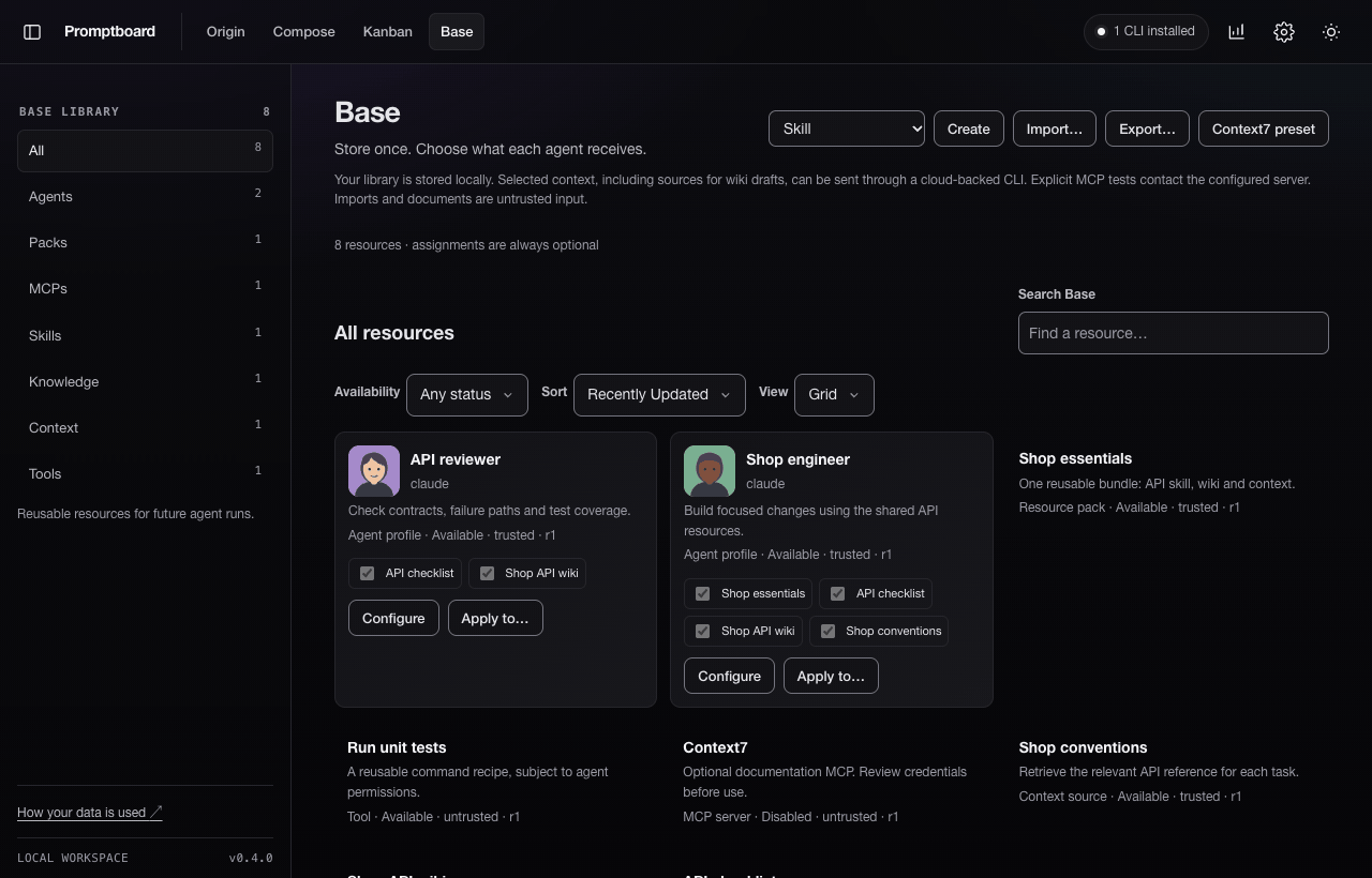 Dark-mode Base demo: browse the shared resource library, inspect skill instructions and linked knowledge pages, view equipped agent cards, preview a project assignment, and save it without starting an agent.