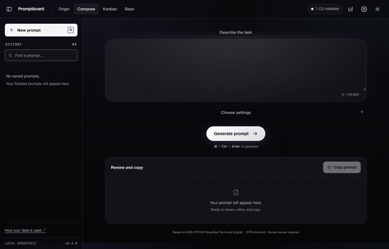Dark-mode Compose demo: enter a request, choose Add a feature and generation settings, generate a structured prompt, edit and save it, then use More to split it into three To Do tasks.