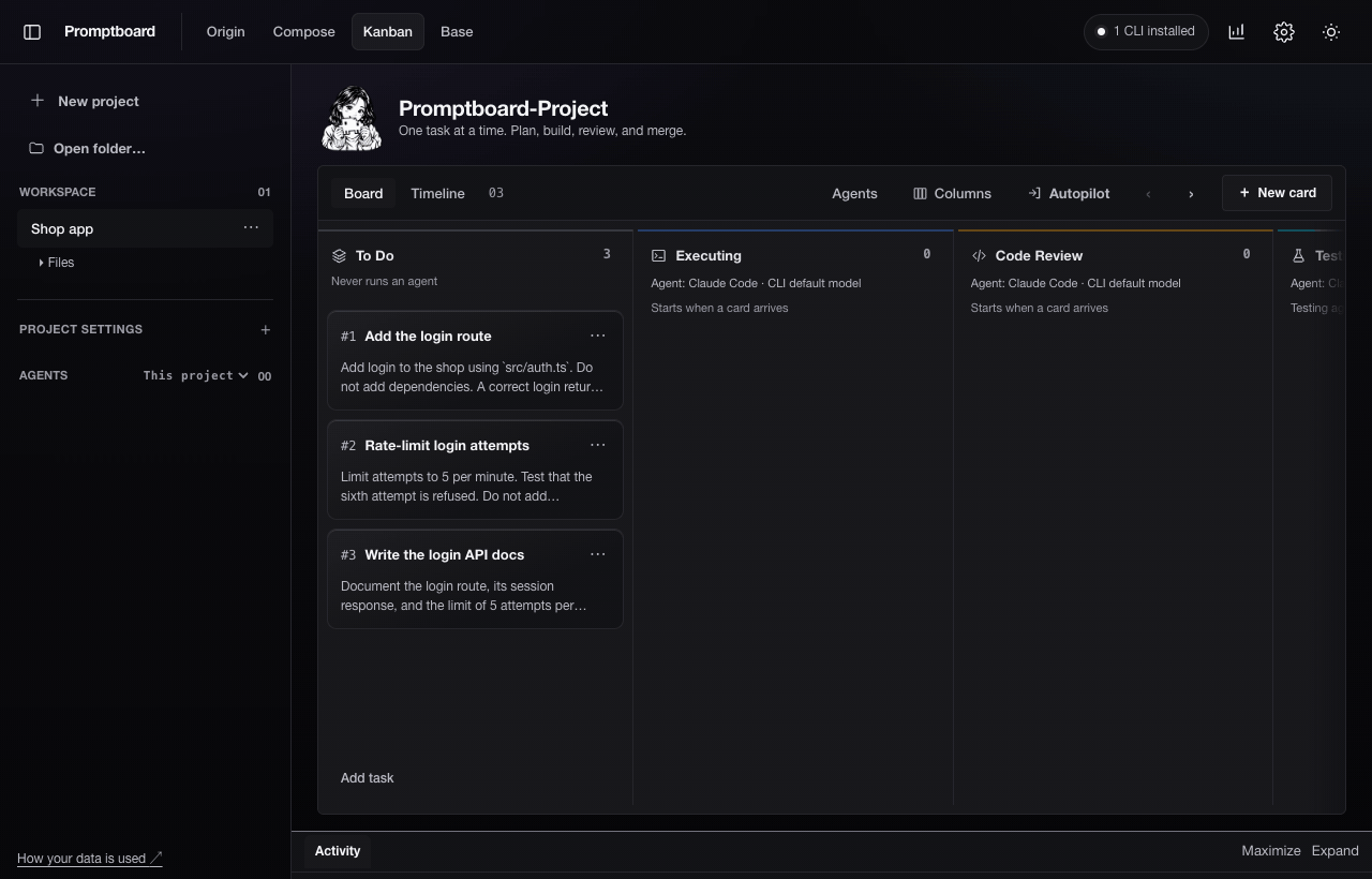 Dark-mode Kanban demo: browse the project workspace and sidebar settings, edit and save a file, consent to Autopilot, run a task through Executing, Code Review, Testing and Merge, and finish in Done with agent terminal tabs.