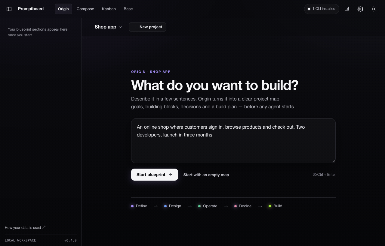 Dark-mode Origin demo: describe an online shop, start the blueprint, add requirements with a done-when, connect building blocks, accept a database decision, answer security topics, order the build plan and view the project mind map.