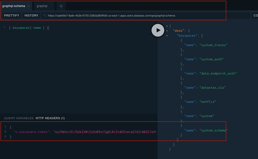 GraphQL Playground and token header, Schema playground tab