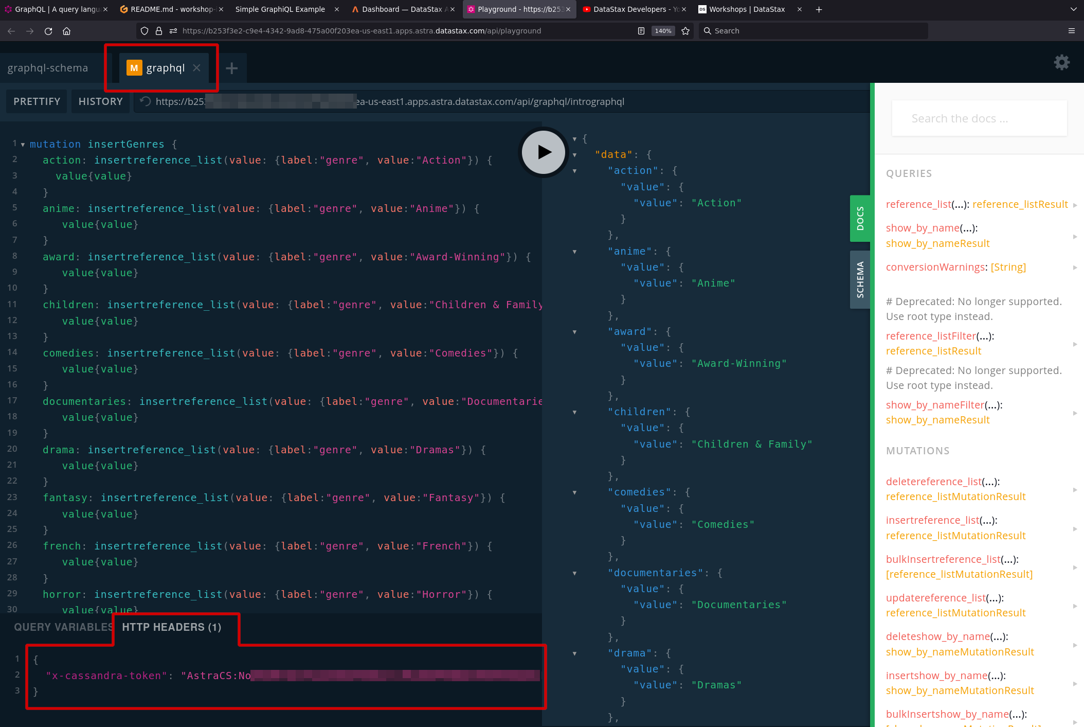 GraphQL Playground and token header, GraphQL playground tab