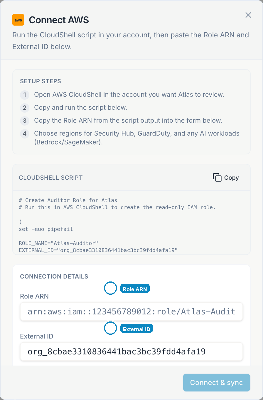 Connect AWS dialog with CloudShell setup steps and Role ARN form