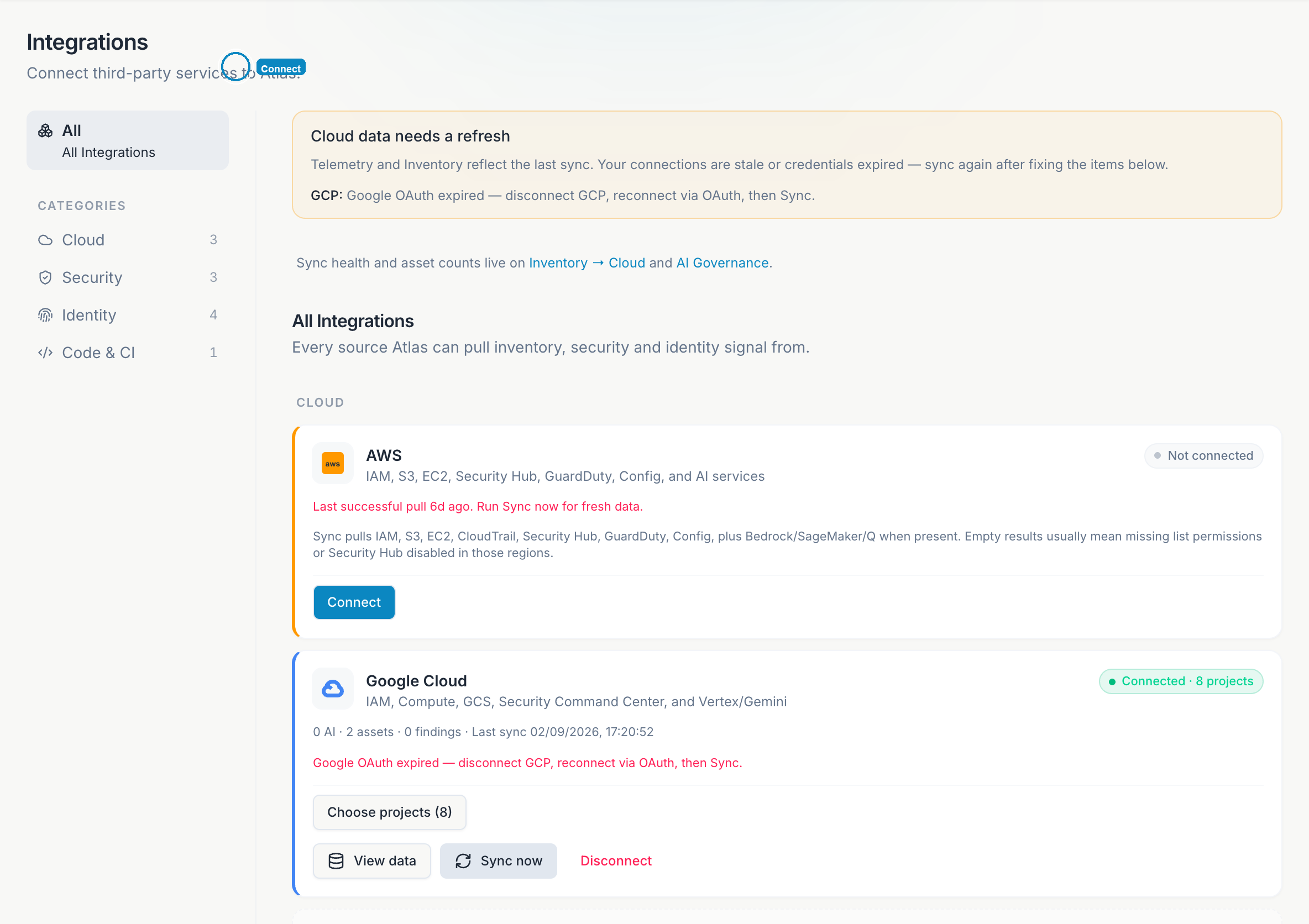 Atlas Integrations page with AWS, Google Cloud, and connector status cards