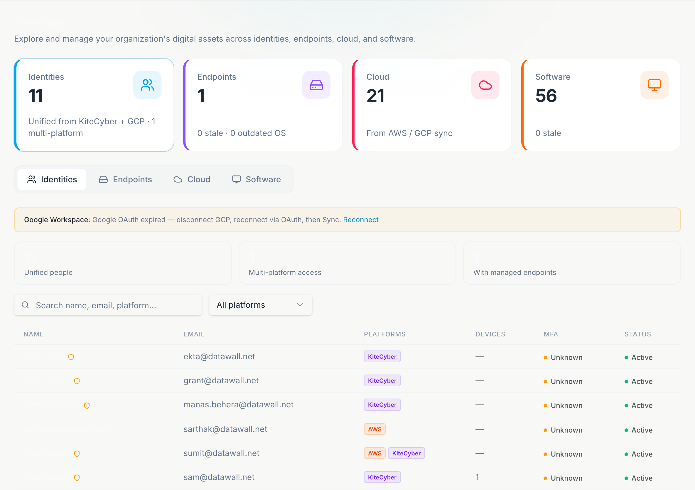 Atlas Inventory Identities tab with summary cards and identity table