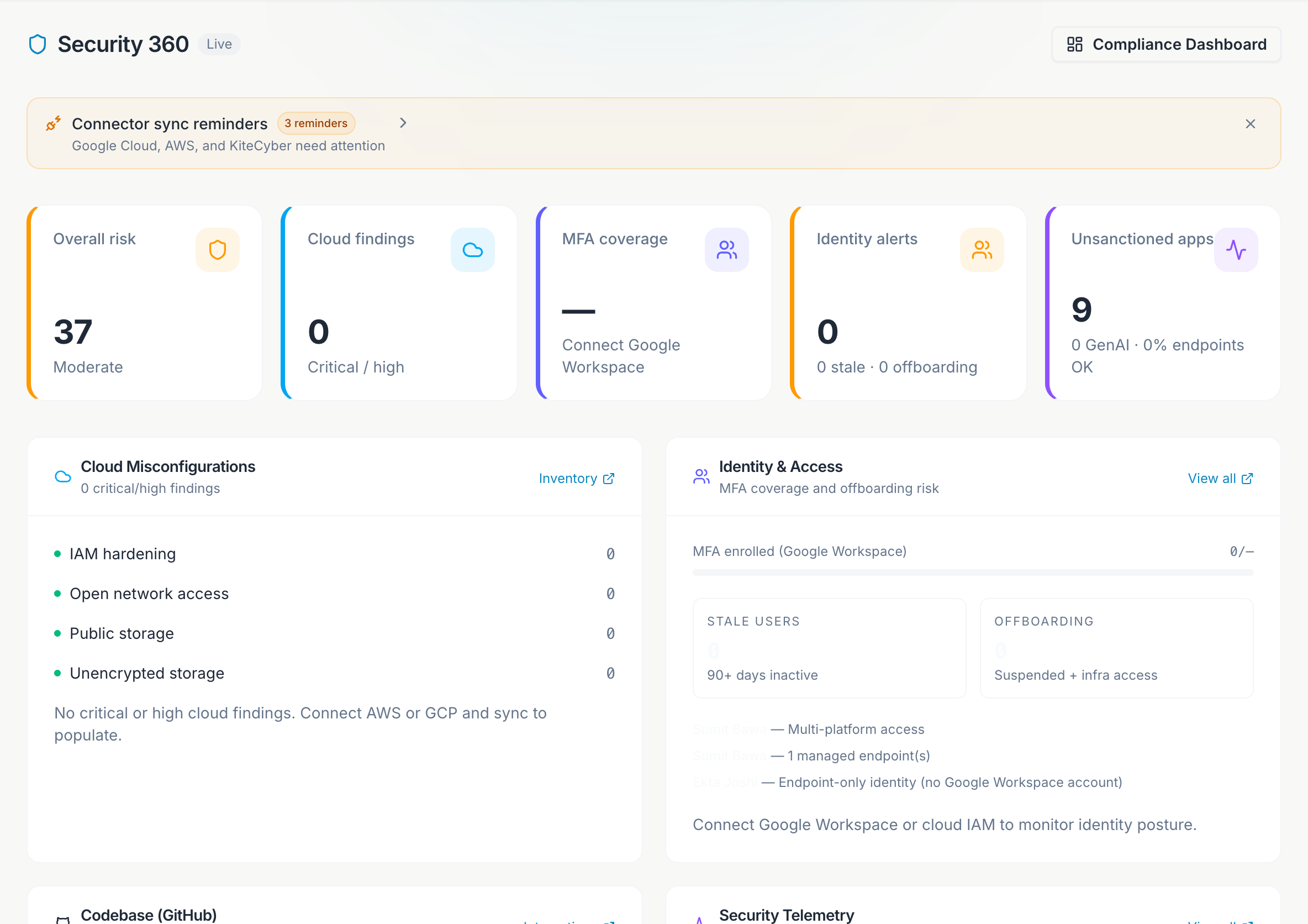 Security 360 dashboard with risk KPIs, cloud misconfigurations, and identity widgets