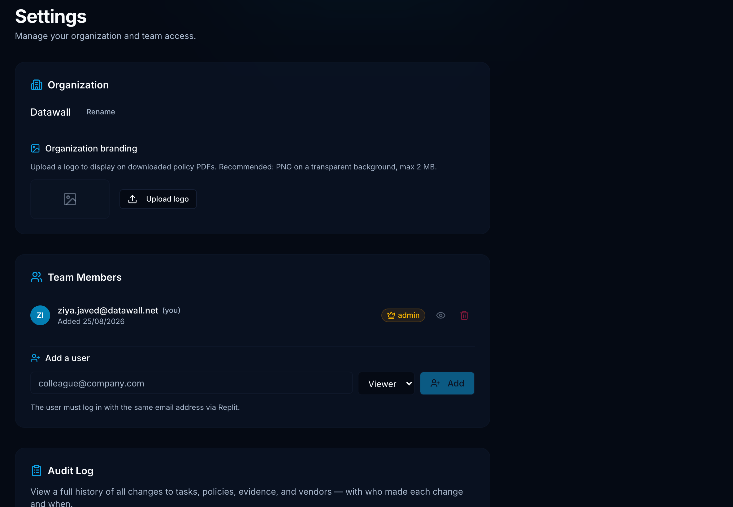 Settings Team Members section for inviting admins and viewers