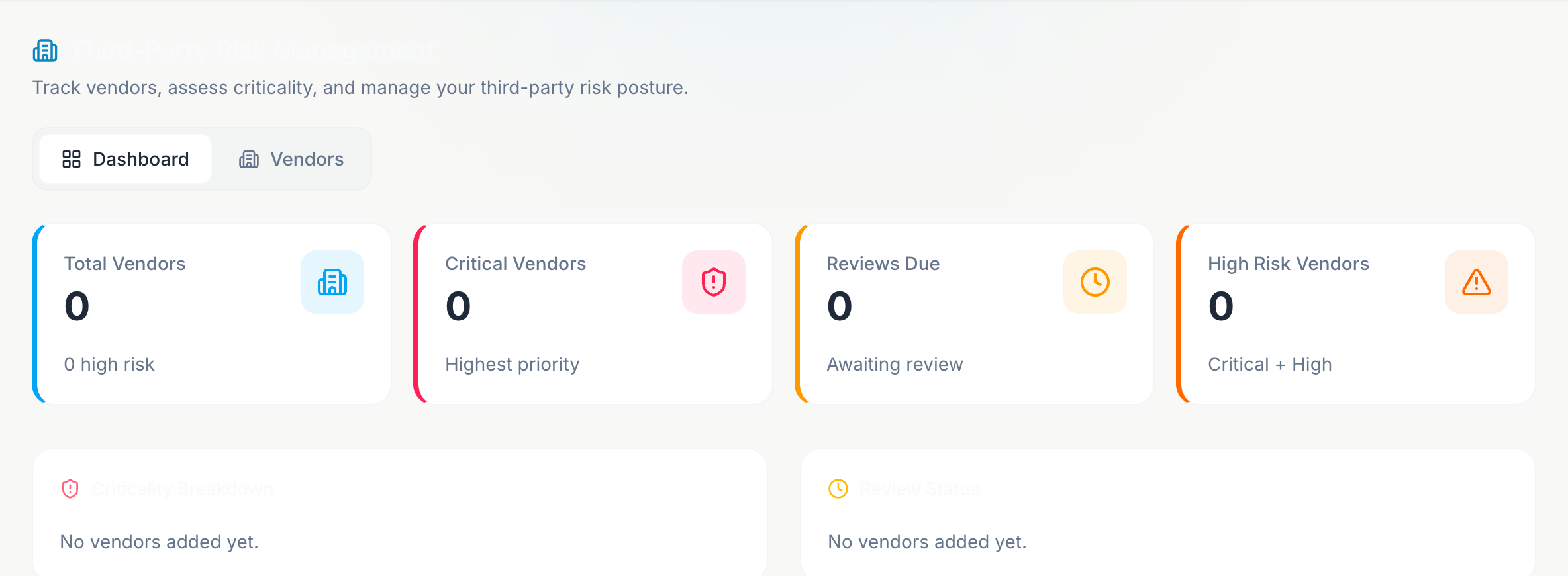 Third-Party Risk Management dashboard with vendor KPIs, criticality breakdown, and review status