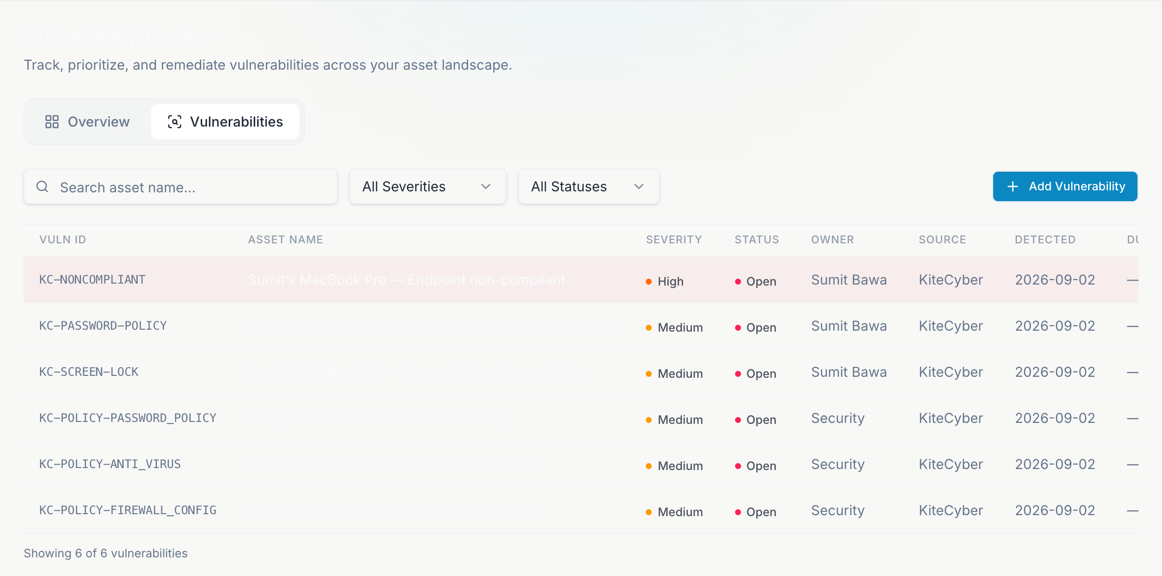 Vulnerability Tracker overview with severity breakdown and open overdue findings