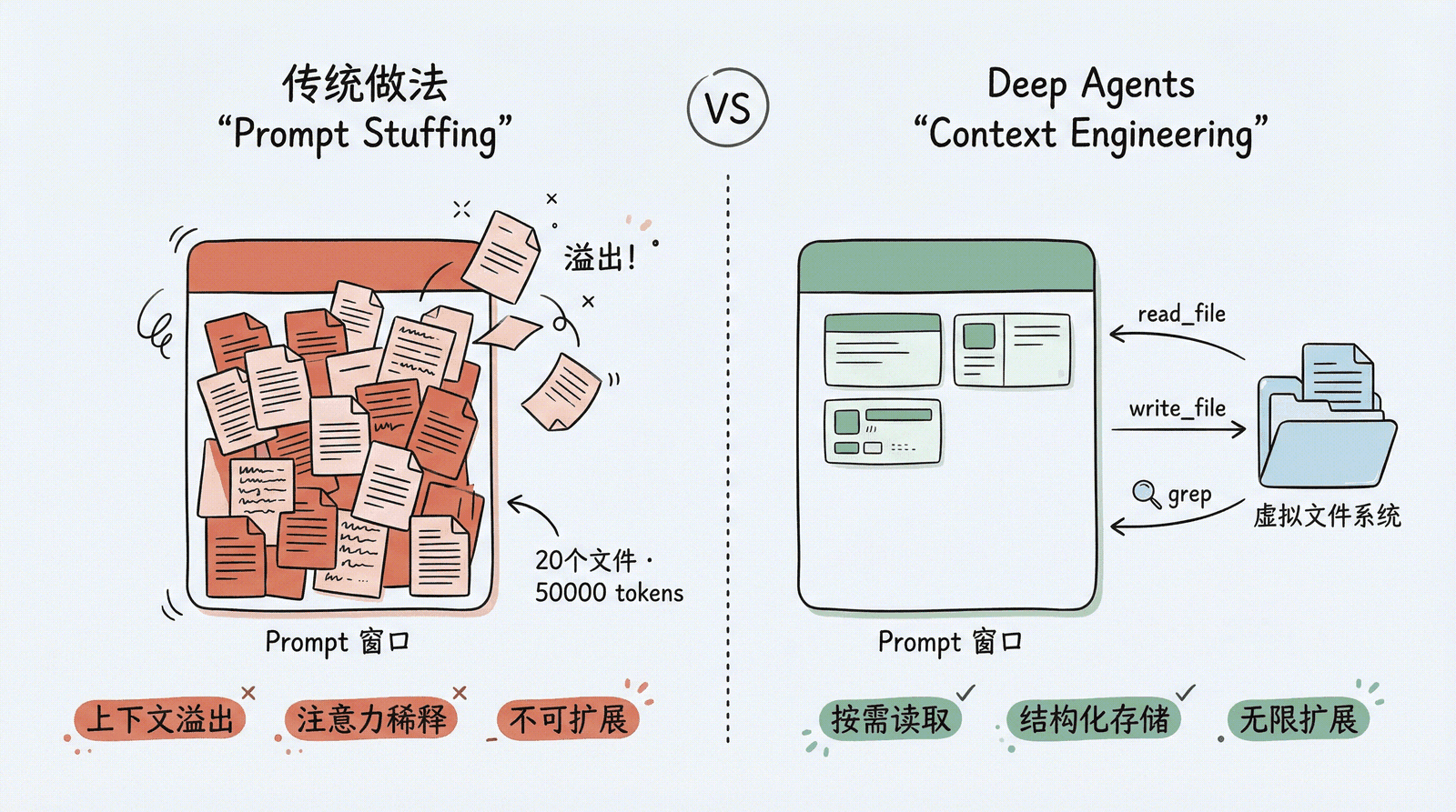 Context Engineering 对比：左侧传统 Prompt Stuffing 导致上下文溢出、注意力稀释、不可扩展；右侧 Deep Agents 通过虚拟文件系统按需读取，实现结构化存储和无限扩展