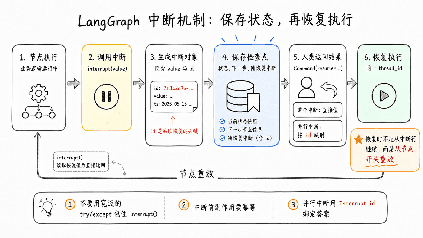 LangGraph 中断机制：节点调用 interrupt() 后生成中断对象，Checkpointer 保存状态，人类用 Command(resume=...) 返回结果，并通过同一 thread_id 恢复执行，恢复时节点会从头重放