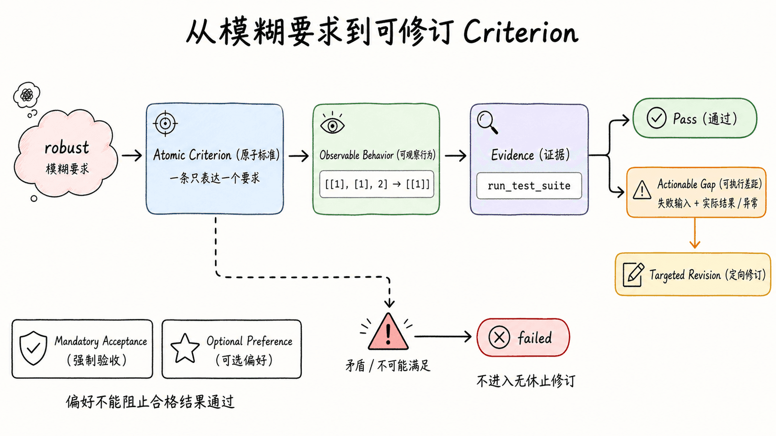 评分量规设计流程:把模糊要求拆成原子且可观察的行为标准,绑定 run_test_suite 证据,再根据通过结果或包含失败输入与实际结果的差距说明进行定向修订