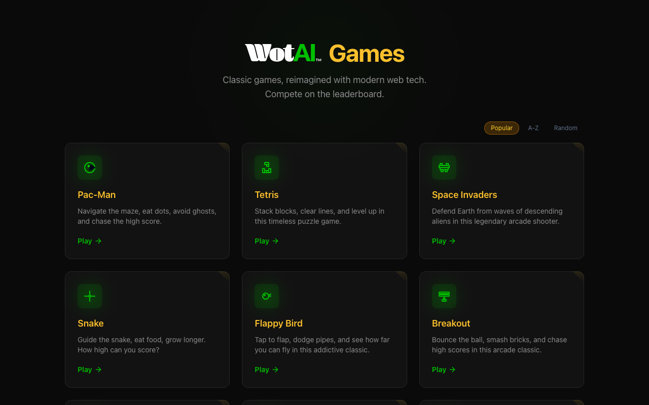 WotAI Games 首页——10 款经典街机游戏合集