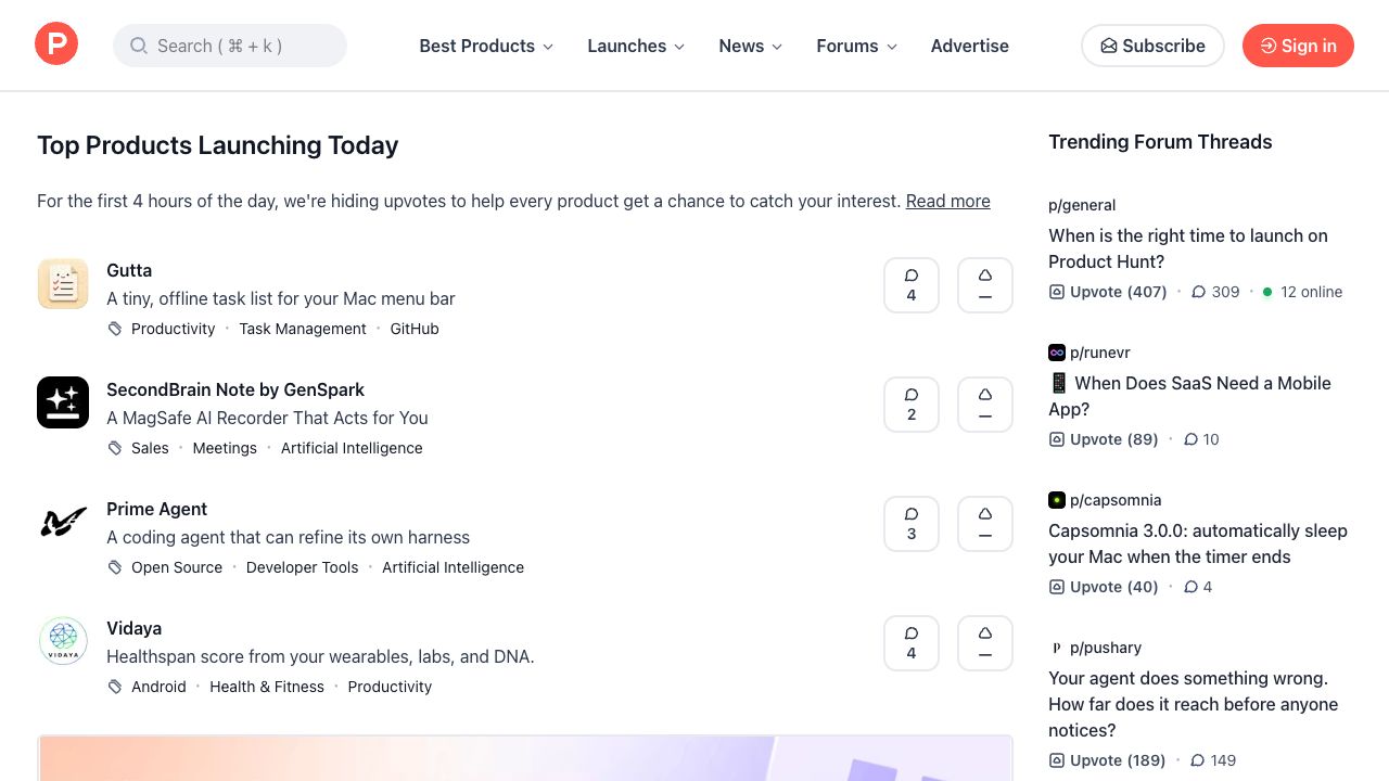 Product Hunt 首页展示当天发布的新产品、投票数和讨论