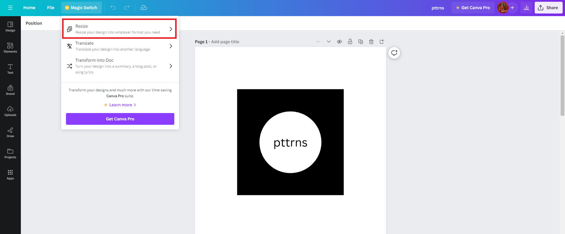 Canva Magic Switch 的改尺寸、翻译与转文档菜单