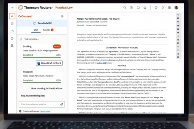 Thomson Reuters CoCounsel 合同起草与研究界面
