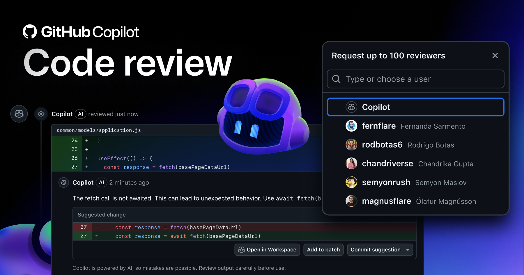 GitHub Copilot 在 Pull Request 中给出代码审查建议