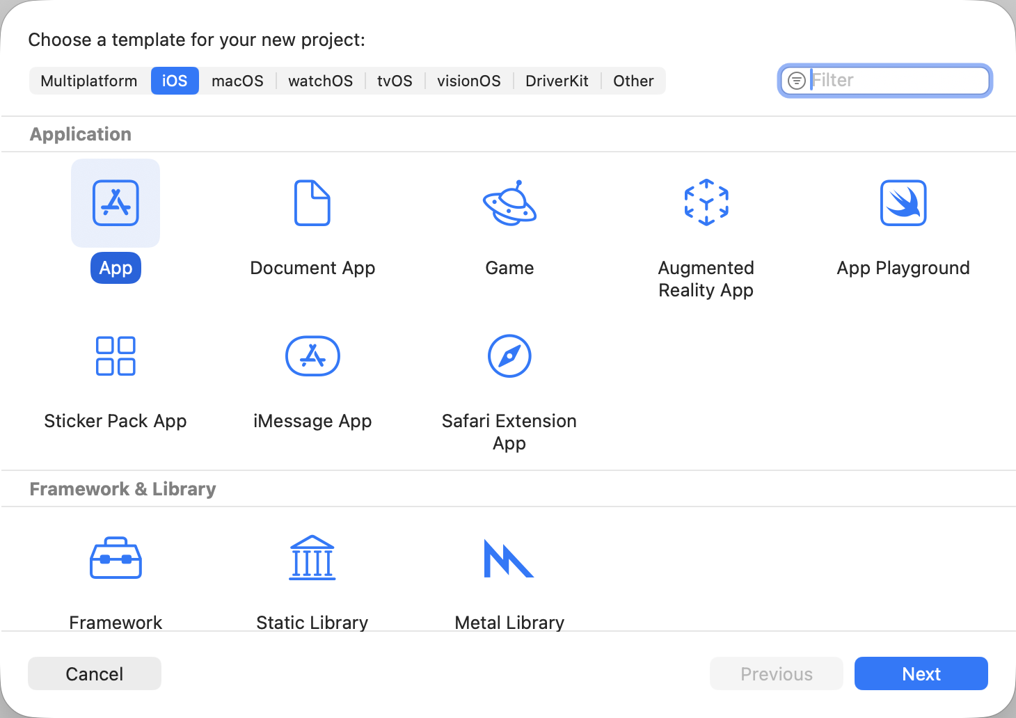 选择 iOS App 模板