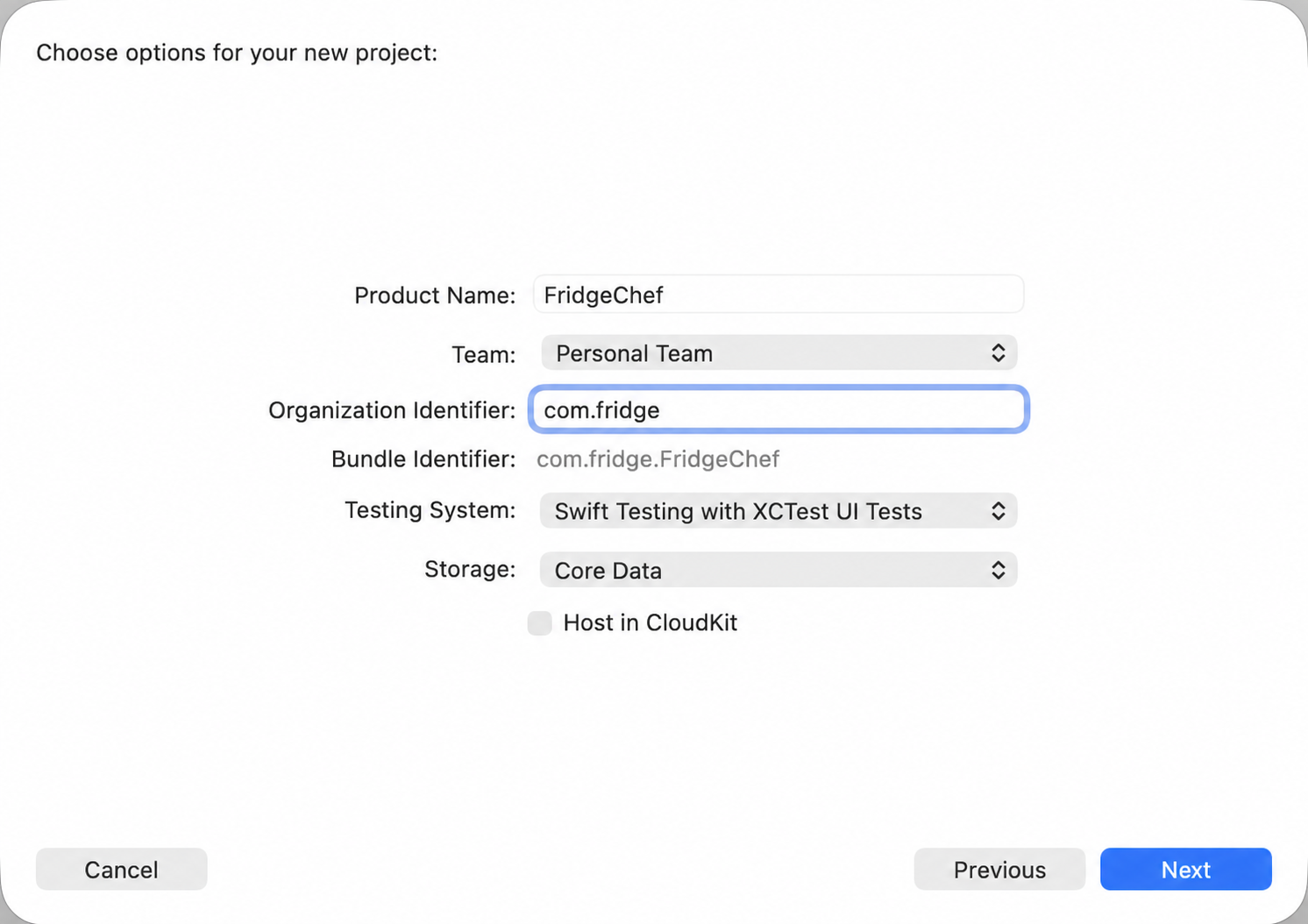 填写项目名称、团队和 Bundle Identifier