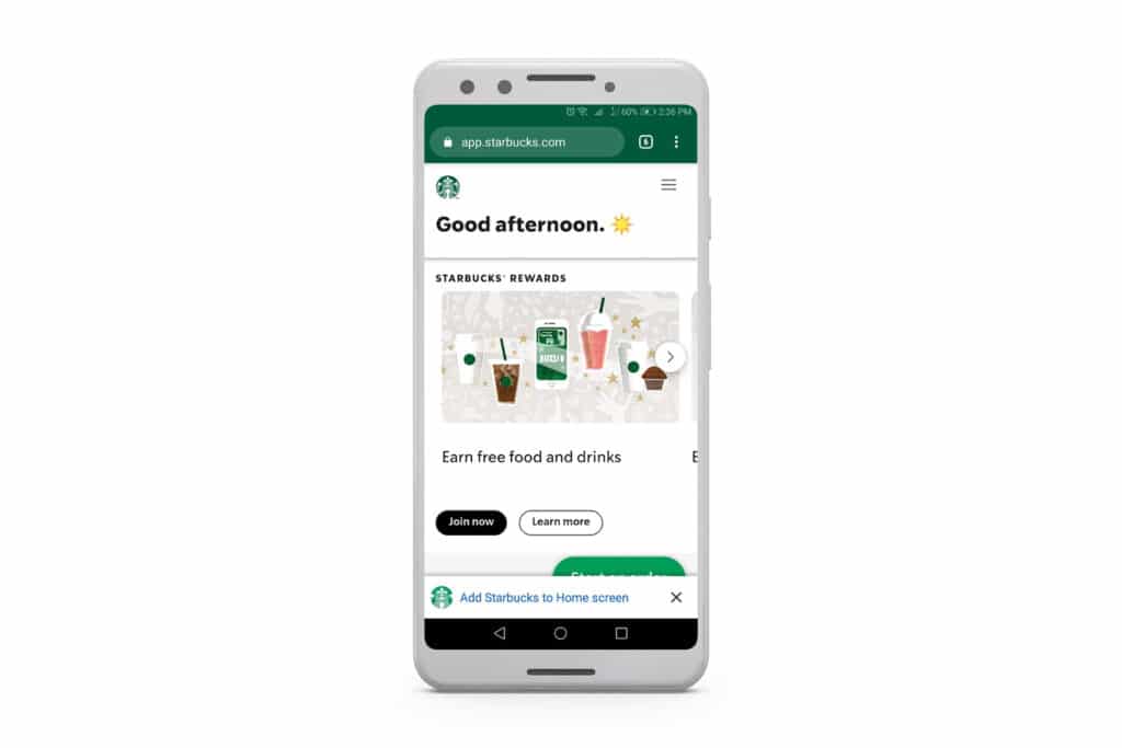 Starbucks PWA 的主屏幕安装入口