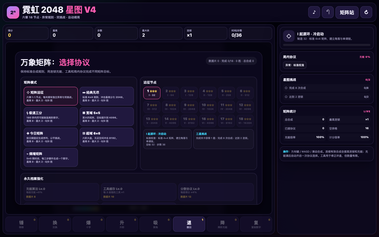 《霓虹 2048》：六章 18 节点远征 + 多种模式与工具系统