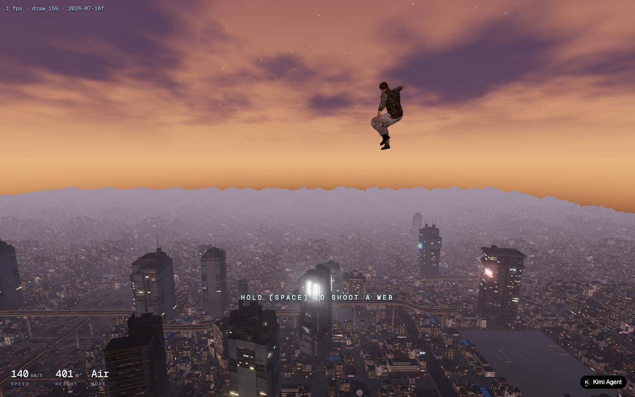 K399 上的开放世界游戏 SpiderPunk：在赛博都市高楼间荡蛛丝（K3 模型生成，实际游玩画面）