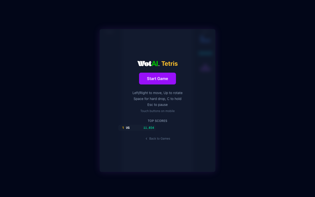 俄罗斯方块（WotAI Games，Vibe Coding 生成）