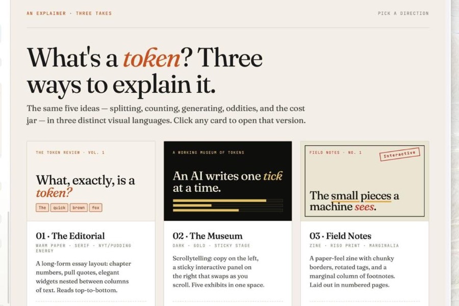实际案例:PCWorld 记者让 Claude 解释 AI Tokens 概念,返回 Editorial / Museum / Field Notes 三种风格供选择