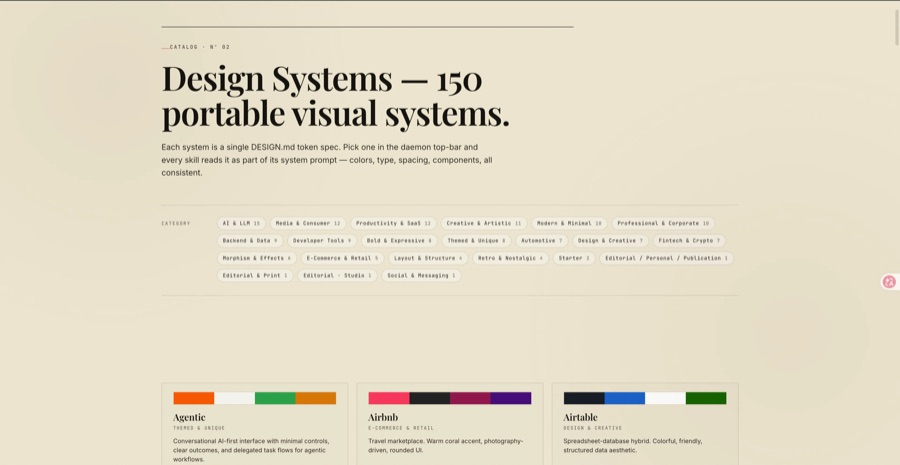 Open Design 内置 150+ 套设计系统(Agentic、Airbnb、Airtable、Linear、Stripe、Vercel…),按类别分组,每个都有色板预览和说明