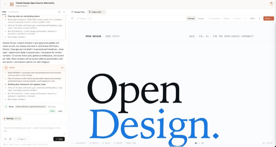 Open Design Studio 工作区:左侧 Chat 面板显示生成计划和进度,右侧画布渲染出"Open Design"大字封面页(幻灯片模式),顶部可切换 Preview/Source/Comment/Edit