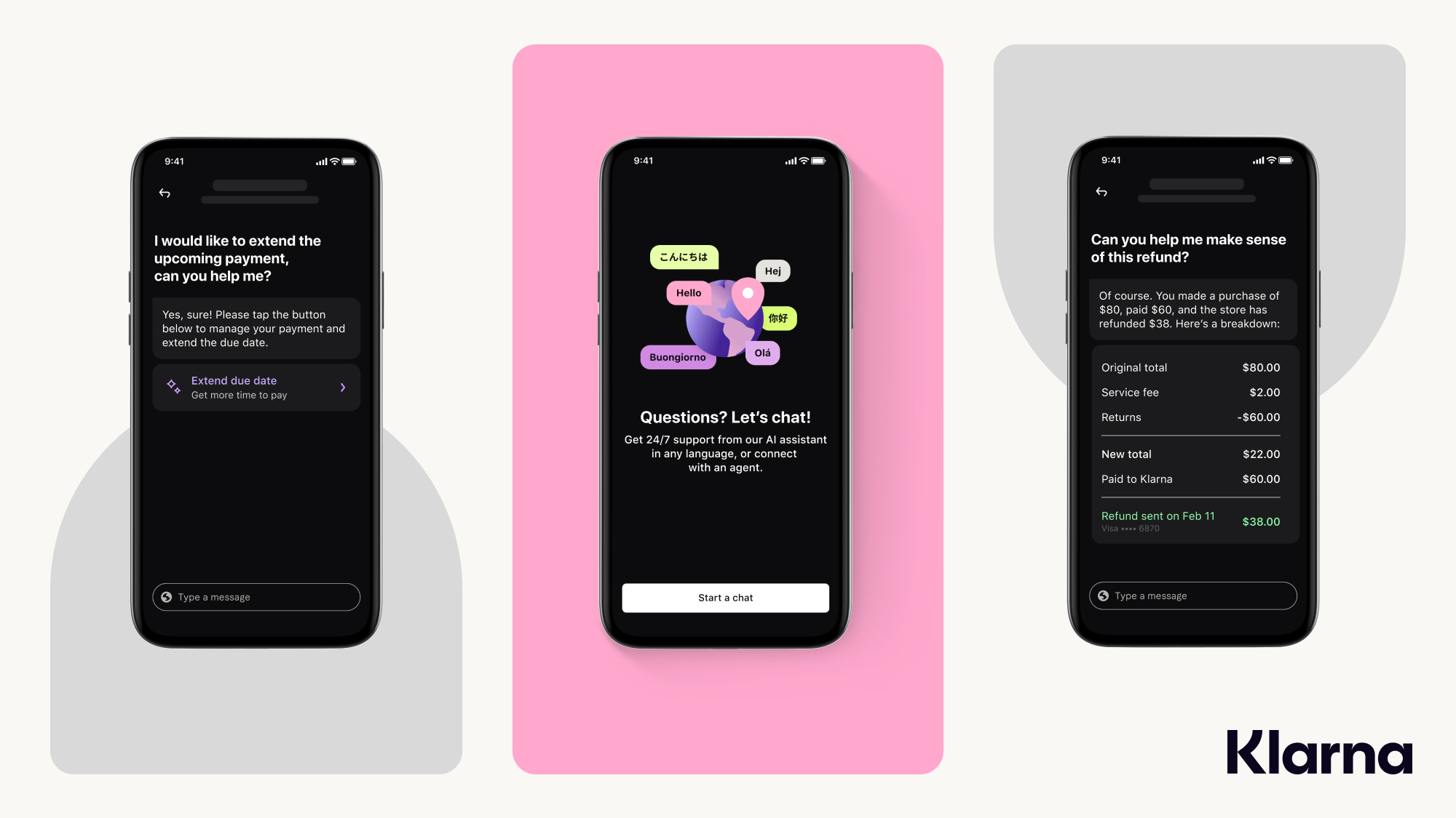 Klarna AI Assistant 的延期付款、多语言客服与退款解释界面