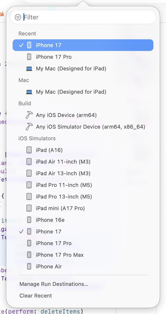 在 Xcode 选择模拟器并运行