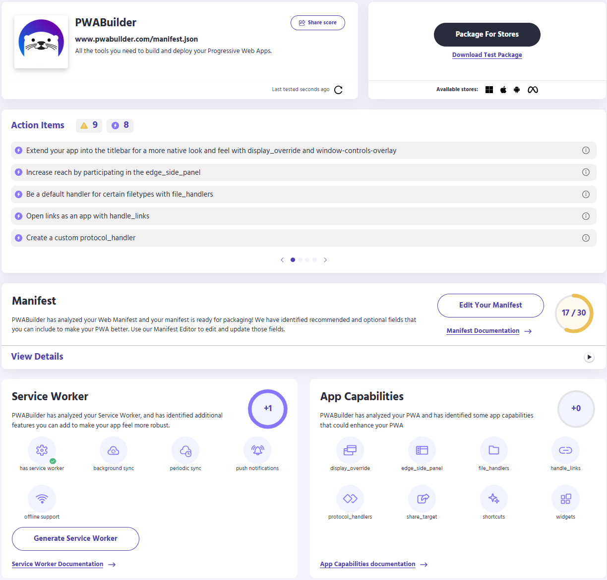 PWABuilder 对真实网站给出的检查报告