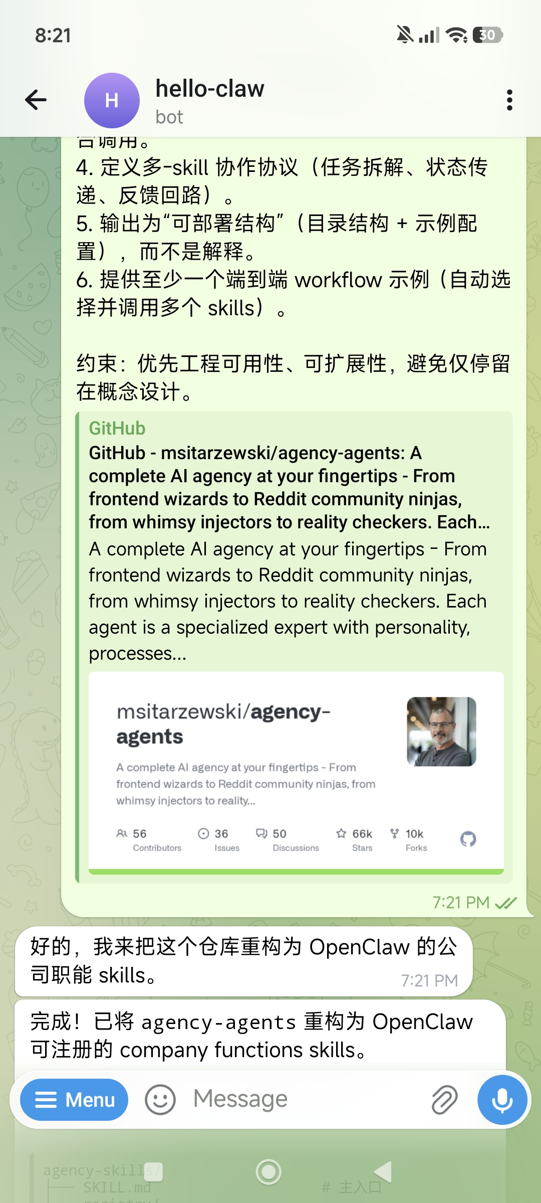 Sending agency-agents skill restructuring prompt to Lobster
